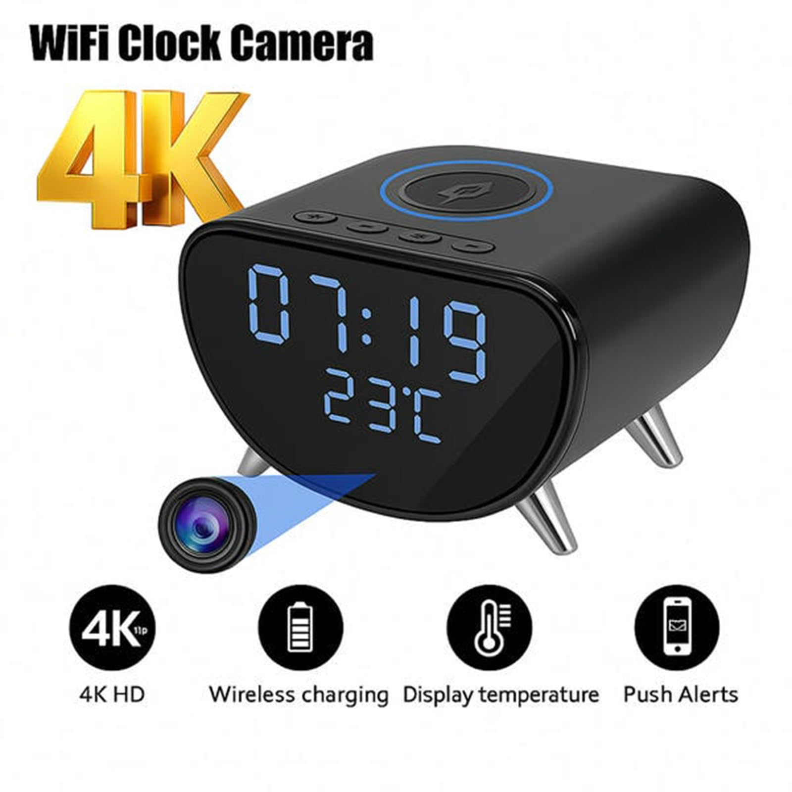 Ukryta kamera WiFi 4K – inteligentny zegar z wykrywaniem ruchu, bezprzewodowym ładowaniem, zdalnym widzeniem, alarmem i wyświetlaczem temperatury – kamera monitorująca niewidoczną