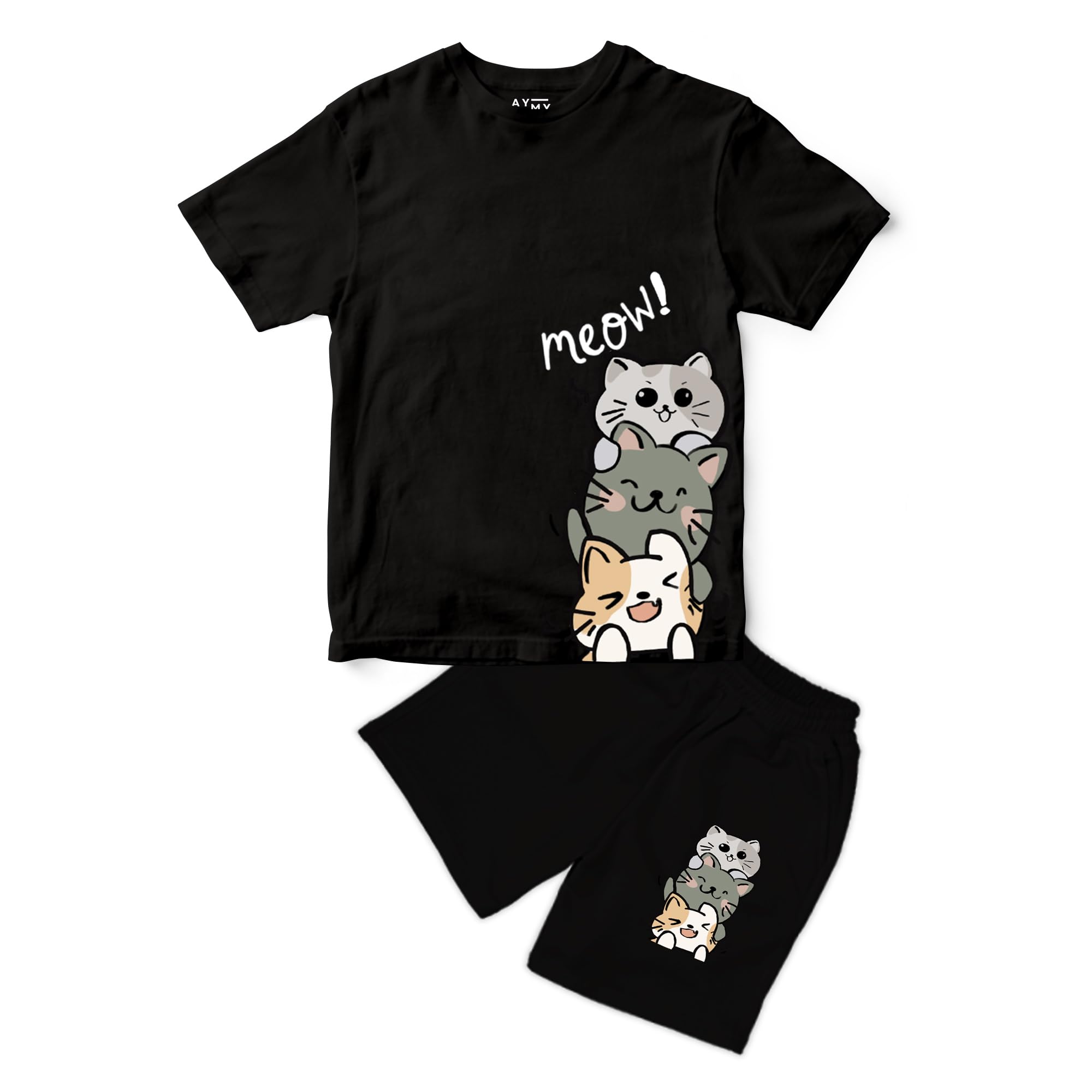 AYMY Boys Co ord Clothing set Printed Tshirt & Shorts, 3 Cats Meow Printed Design Half Sleeves Coord (Tshirt and Short) || 100% Pure Soft Cotton ||Girls & Boys || Washable, Breathable, Unisex