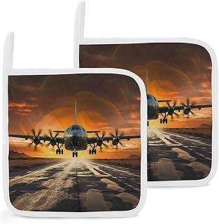 Military Plane Landing On Airforce Runways Against Beautiful Dusky Pot Holders 2 PCS Heat Resistant Pot Holders with Hanging Loop Comfortable Lining Multipurpose Quilted Everyday Hot Pad for Kitchen,