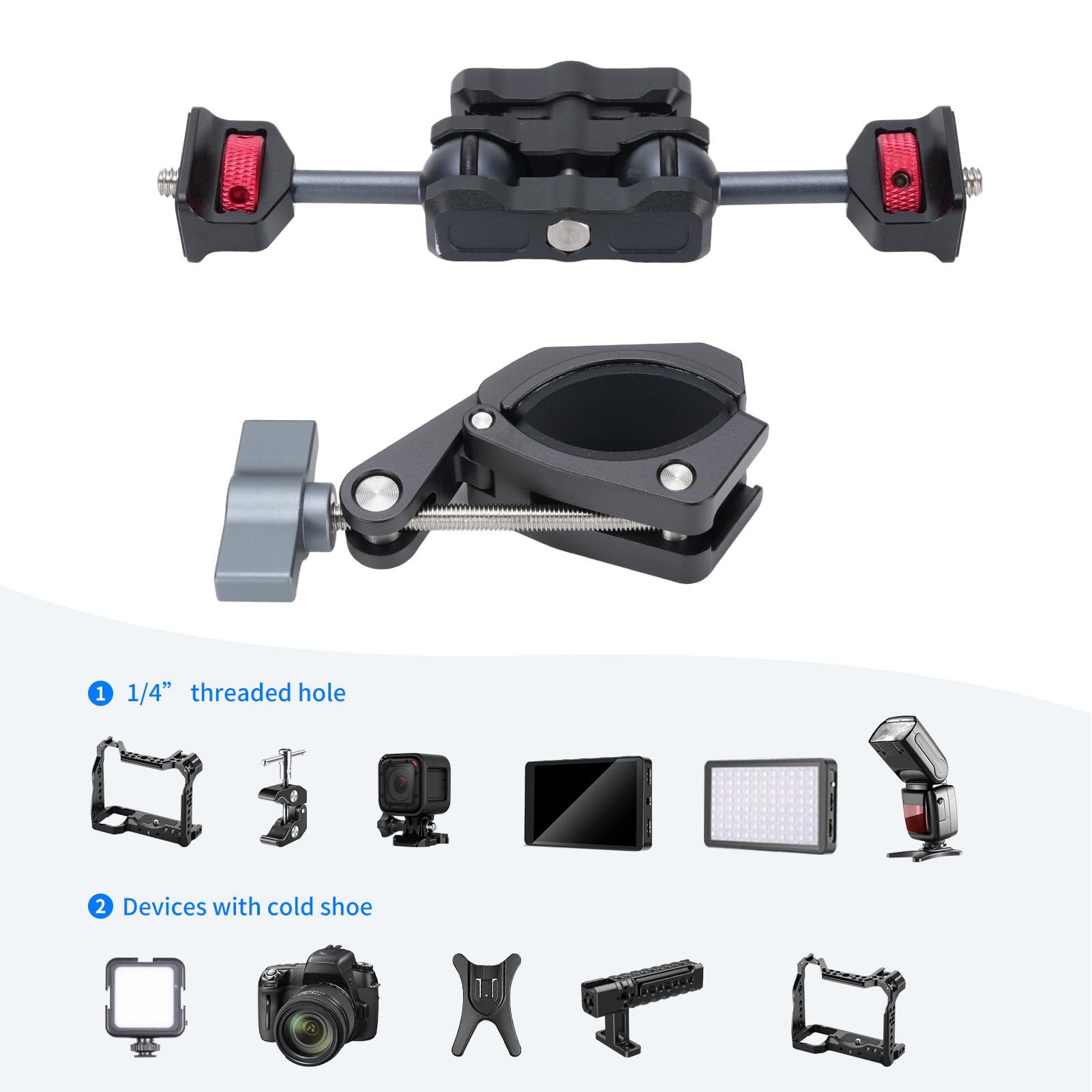 Supporto per Fotocamera a Morsetto, Morsa in Lega di Alluminio | Vite da 1/4 di pollice, gamma di serraggio da 55 mm, testa a sfera rotante, supporto per maniglia della bicicletta, per