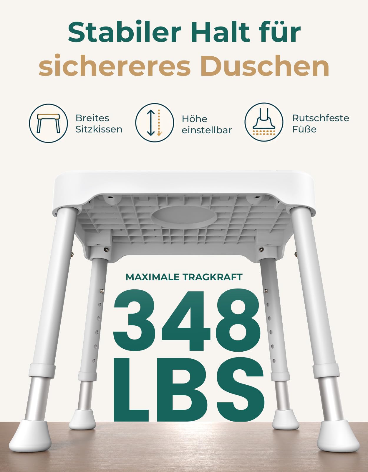 Duschhocker für Senioren, Höhenverstellbar, bis 158 kg, Grau-Weiß