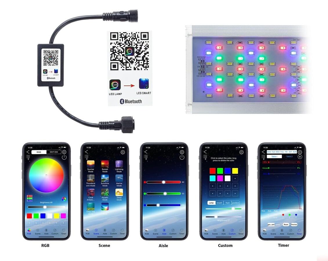 Happet AquaLED RGB Aquarium LED Lampe 45 cm 45W – Vollspektrum Pflanzenlicht 10000K mit Bluetooth App Steuerung, Starke Farben, gleichmäßige Beleuchtung, verstellbare Halterung