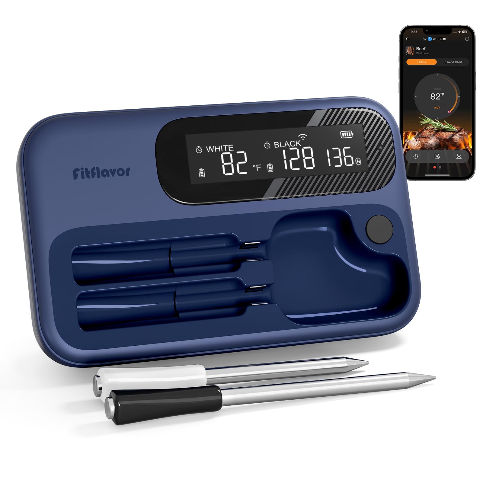 Meat Thermometer Wireless with Dual Probes for Grilling & Smoking | Fitflavor Bluetooth WiFi Meat Thermometer - Smart Meat Probe for BBQ, Oven, Rechargeable IP67 Waterproof