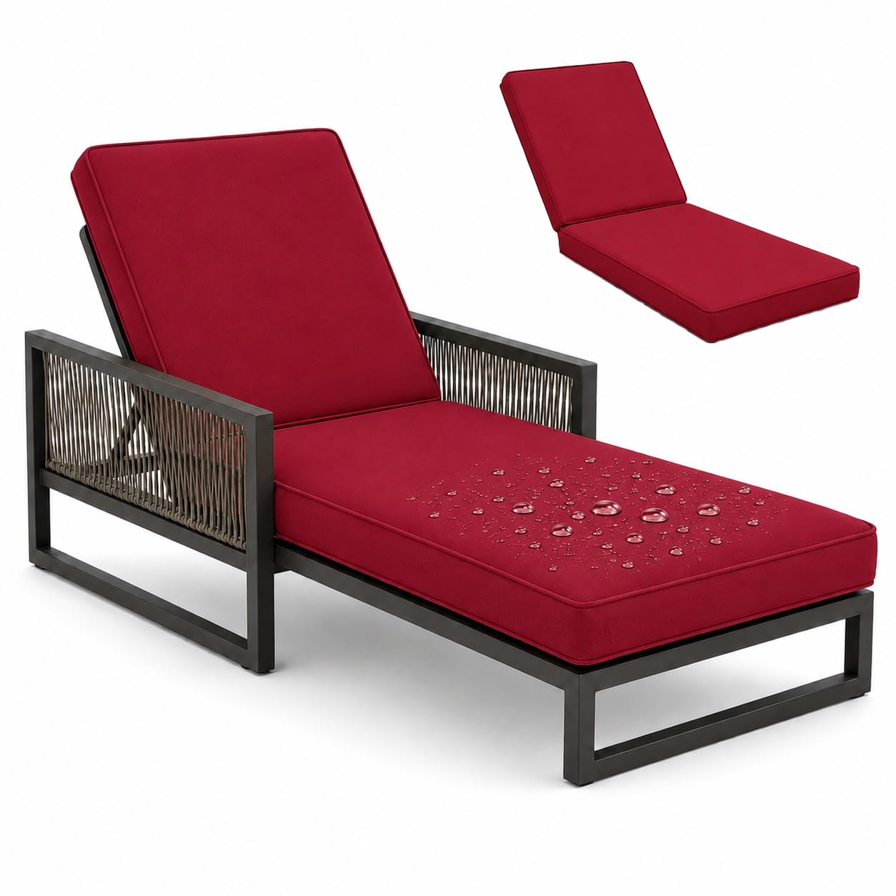 AZMAHT Sun Lounger Cushion Only Large Outdoor Cushion, Thick Padded Sunbed Cushion Mattress with Straps, Water-Resistant Rattan Lounger Replacement Pad for Garden Chair,Red,188x58x5cm