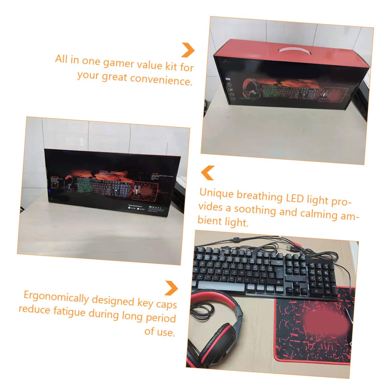 Pack Teclado y Ratón Gaming con Auriculares y Alfombrilla, Iluminación RGB, Material ABS, Diseño Ergonómico para Juegos