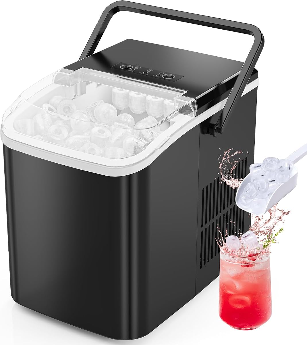 Máquina de hielo para encimera con cuchara, cesta y asa, máquina de hielo portátil, 9 cubos listos en 6 minutos, 26.5 libras en 24 horas, 2 tamaños para el hogar, cocina, oficina, bar, fiesta, color negro carbón