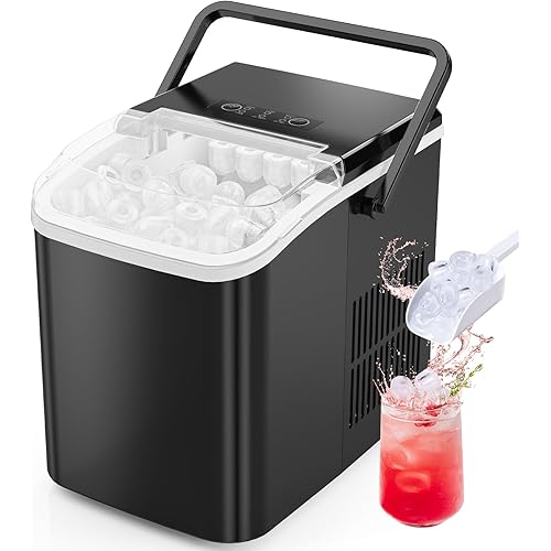 Sweetcrispy Countertop Ice Maker Machine, Portable Self-Cleaning Ice Machine with Ice Scoop, Basket and Handle, 9 Cubes in 6 Mins, 26.5lbs/24Hrs, 2 Sizes of Bullet Ice for Home Kitchen, Coal Black
