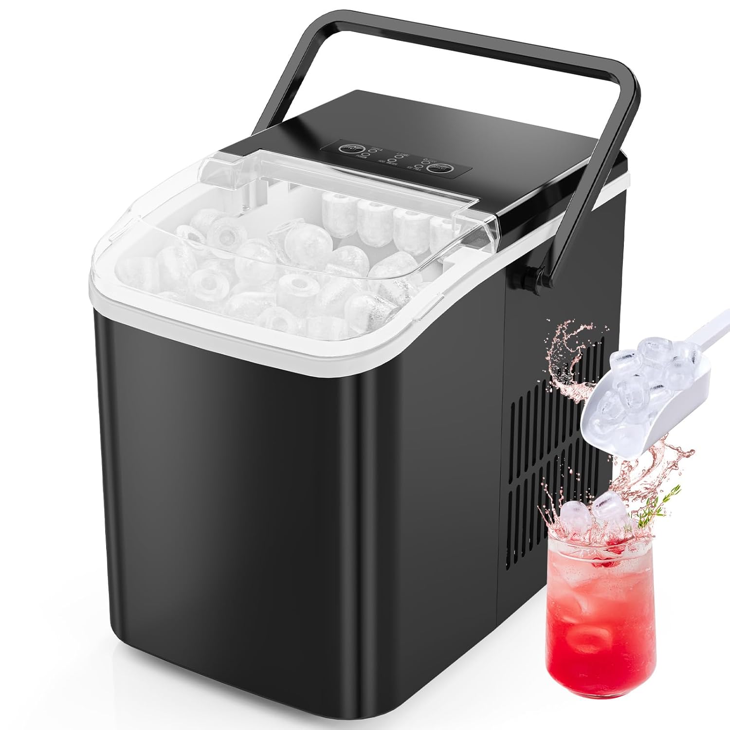 Sweetcrispy Countertop Ice Maker Machine, Portable Self-Cleaning Ice Machine with Ice Scoop, Basket and Handle, 9 Cubes in 6 Mins, 26.5lbs/24Hrs, 2 Sizes of Bullet Ice for Home Kitchen, Coal Black Black with Handle