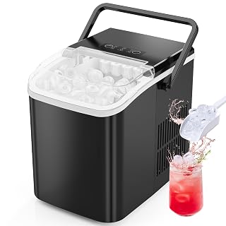 Sweetcrispy Countertop Ice Maker Machine, Portable Self-Cleaning Ice Machine with Ice Scoop, Basket and Handle, 9 Cubes in 6 Mins, 26.5lbs/24Hrs, 2 Sizes of Bullet Ice for Home Kitchen, Coal Black - Amazon product rated Grade A