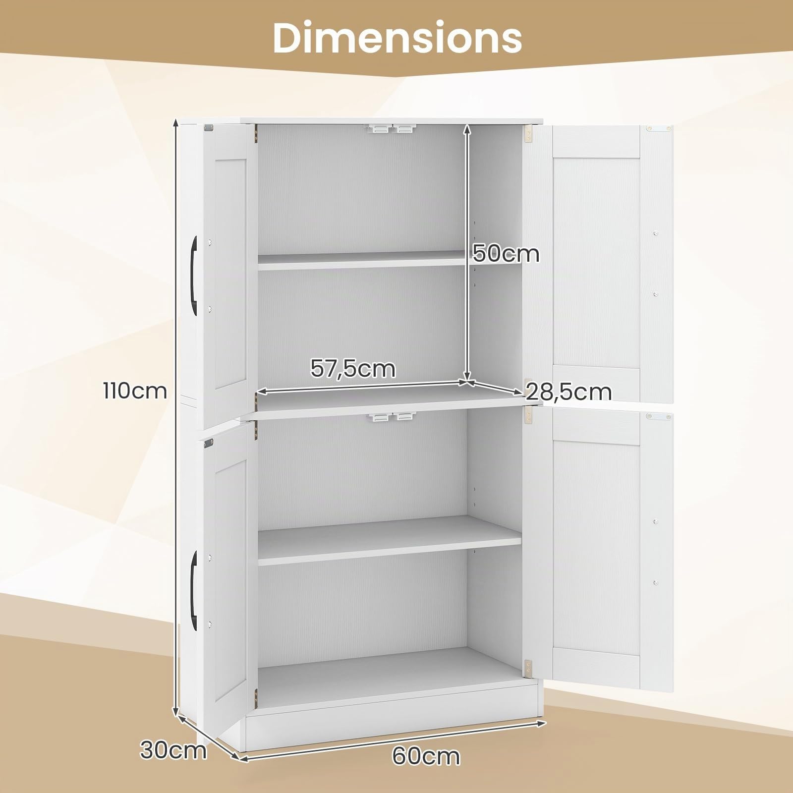 COSTWAY Armoire de Salle de Bain, Meuble de Rangement avec 4 Portes, Placard de Cuisine Étagères Réglables, Armoire de Rangement pour Salon, Bureau, Chambre, 30 x 60 x 110 cm (Blanc)