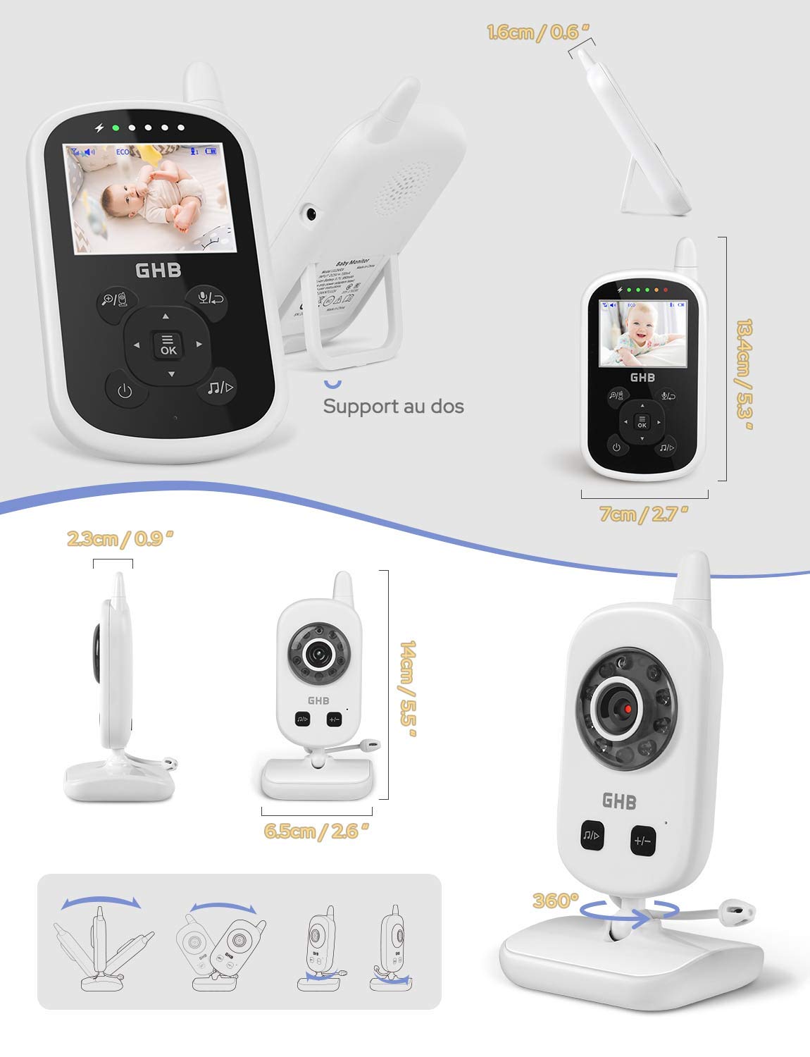 GHB Babyphone Caméra Bébé Moniteur 2,4 inches LCD Babyphone Vidéo Bébé Surveillance 2,4 GHz Capteur de Température Communication Bidirectionnelle Vision Nocturne