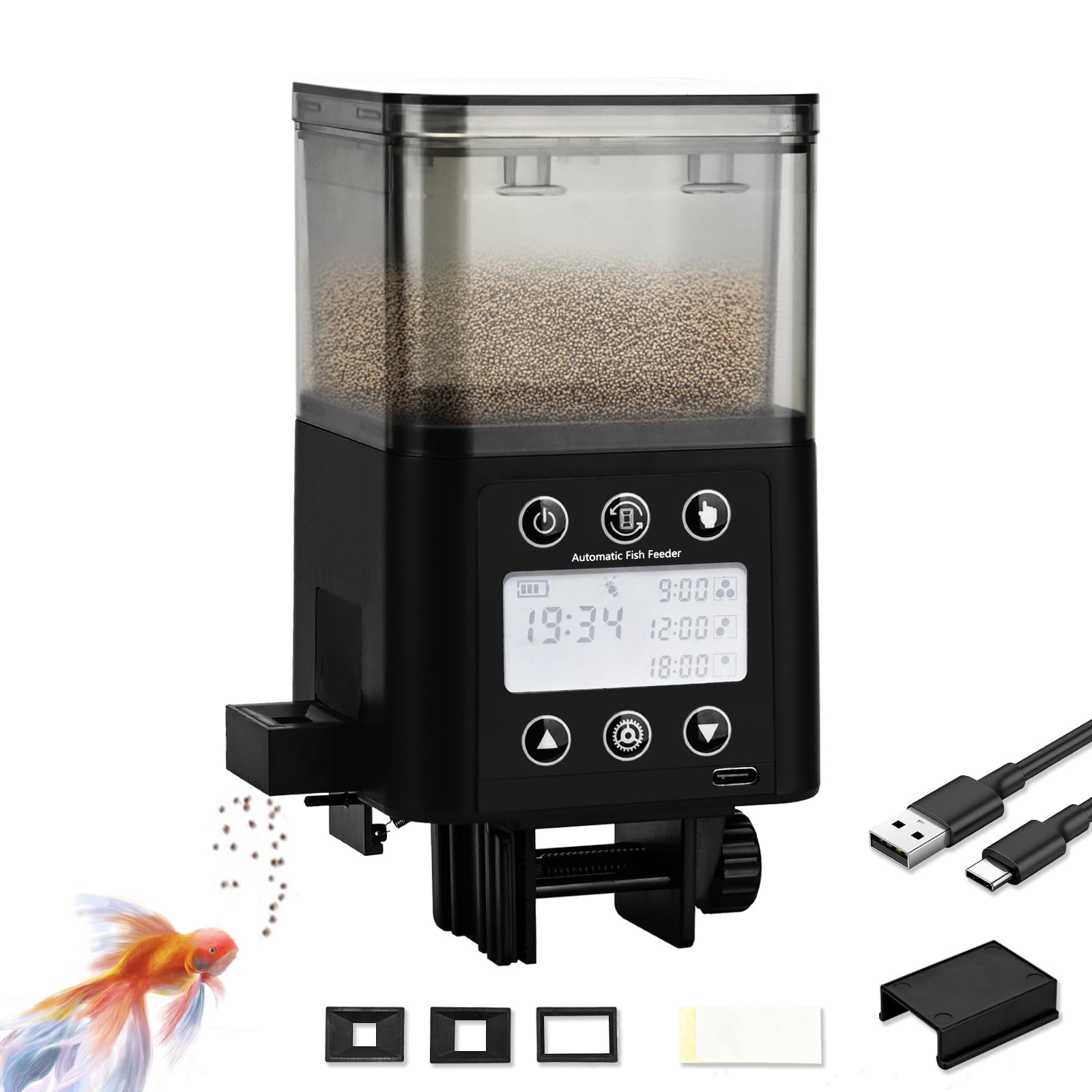 Automatic Fish Feeder for Aquarium with Timer, LCD Display 320ML Large Capacity Adjustable Fish Dispenser, Operated Feeders for Goldfish, Turtle for Vacation, Weekend or Daily Use(Black)