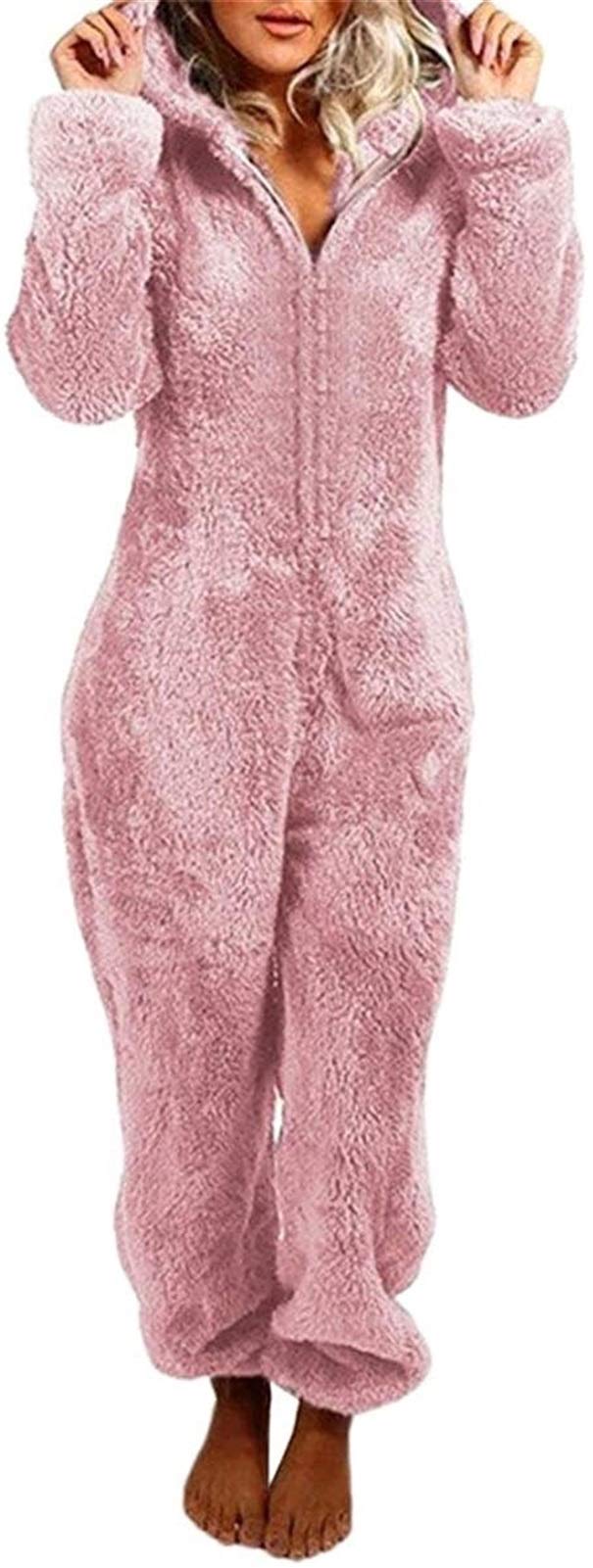 BETEREWomen Fleece Onesies Fluffy Ladies Pyjamas Supersoft One Piece Pajamas Homewear Plush Hooded Jumpsuit Nightwear Costumes (Color : Pink, Size : Small)