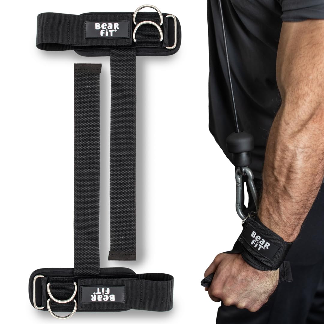 Bear Fit Weight Lifting Straps, 2-in-1 Design with Wrist Support & Double D-Ring Cuff Attachment for Cable Machine Workouts, Heavy Duty Gym Straps for Deadlift & Strength Training -Black Medium, Nylon