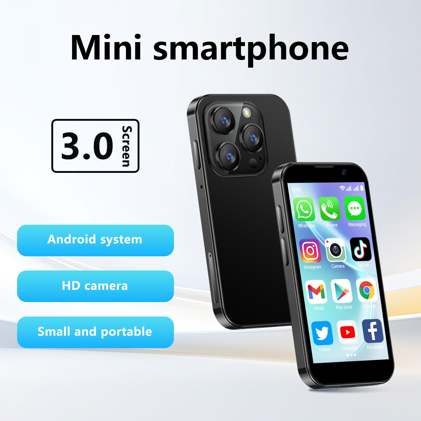 Mini Smartphone 3,0 Pollici Touchscreen HD, Telefono Cellulare Sbloccato Android con Riconoscimento Facciale, WiFi e GPRS – Leggero e Sottile per Bambini e Studenti, Telefono di Riserva Nero