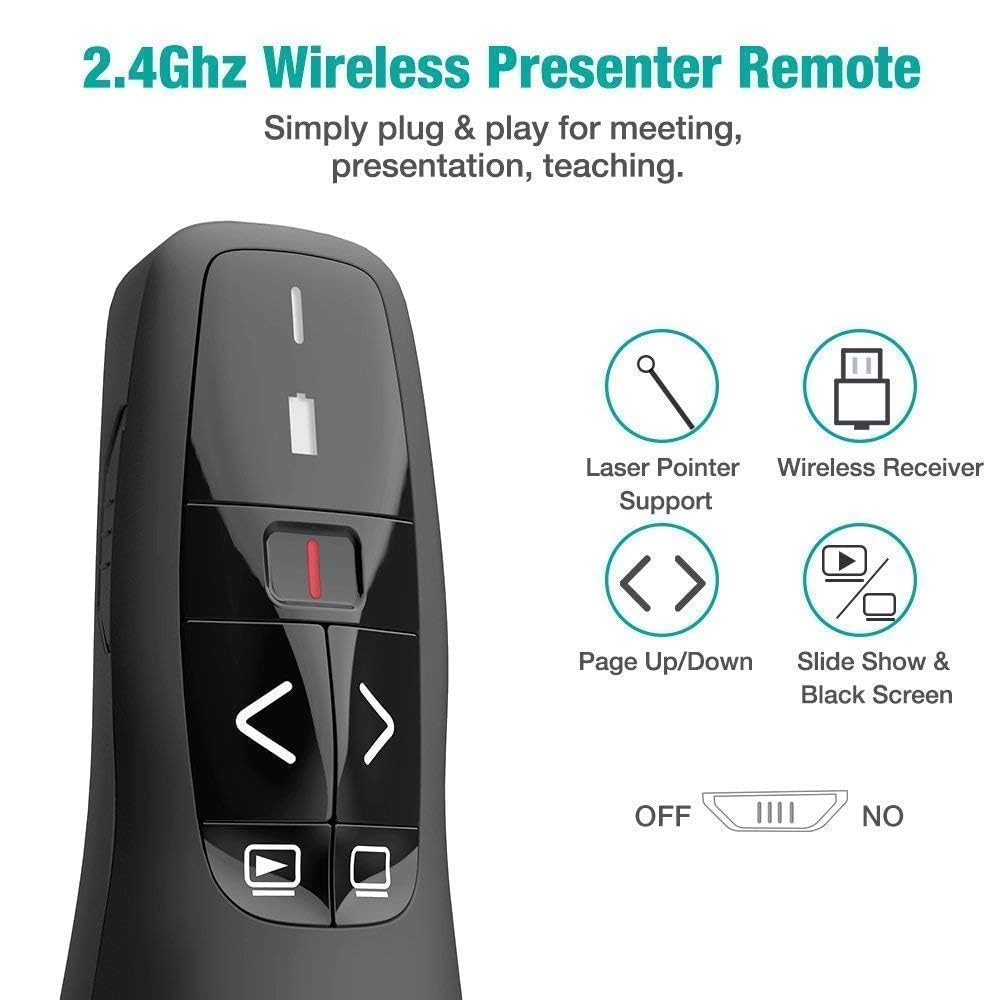 XIKKKART Laser Pointer, Wireless Presentation Clicker, PPT Presenter Slide Changer Controller with Receiver, Battery Indicator for Mac, Computer, Laptop, Windows, Google Slide Changer (Black) 2