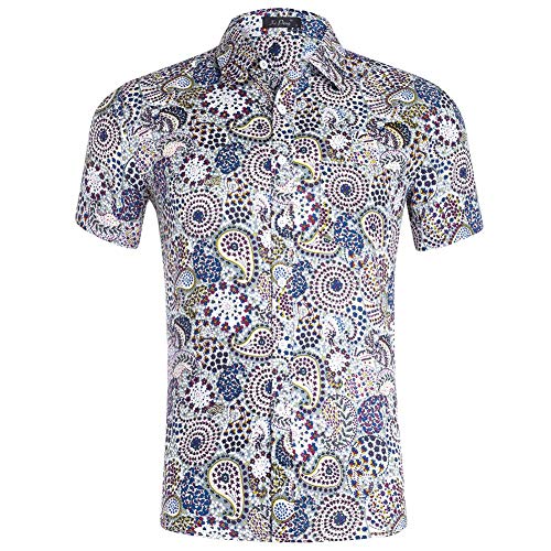 XI PENG Men's Vintage Paisley Shirt Floral Print Cotton Short Sleeve Casual Button Down Shirt(Multicolor X-Large)