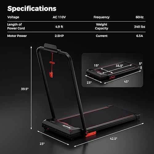 Miniatura 9 de Goplus 2 in 1 Folding Treadmill, 2.5HP 340 LBS Capacity Walking Pad with Handle Bar, Under Desk Treadmill with Remote Control, LED Display and APP,