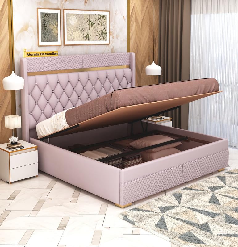 Image of MAMTA DECORATION Solid Wood Queen Size Bed with Hydraulic Box Storage | Premium Velvet Upholstered Tufted Headboard Double Bed |Wooden Cot Bed for Bedroom, Home, Hotel & Guest Room|Light Purple Finish