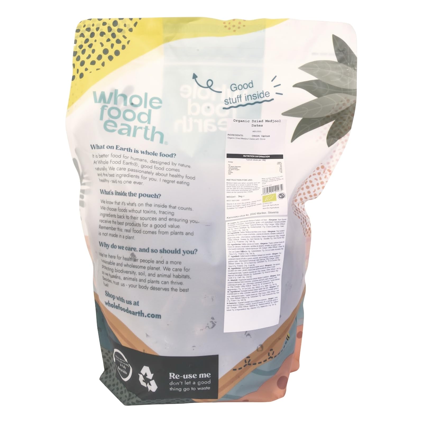 Wholefood Earth Organiczne Suszone Daktyle Medjoul/Medjool, Surowe, bez GMO, Wegańskie, Bogate w Błonnik, Certyfikowane, 3 kg