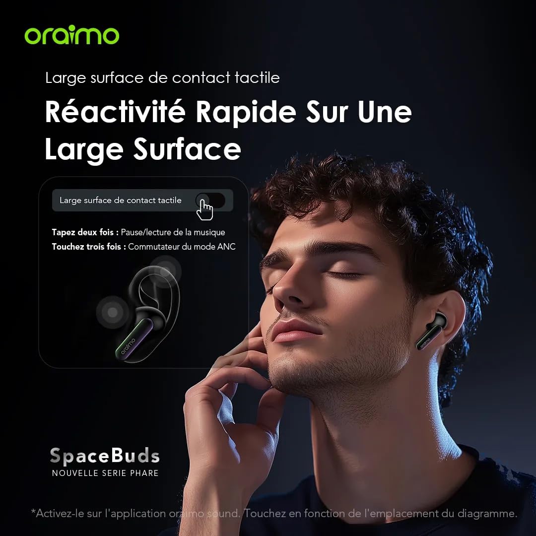 Oraimo SpaceBuds - Écouteurs Bluetooth sans Fil, Réduction de Bruit Active ANC Hybride 50dB, Autonomie 40h, Écouteurs Intra Auriculaires Basse Latence Jeu, 6 Micros Appel Clair, IP54 - Space Grey
