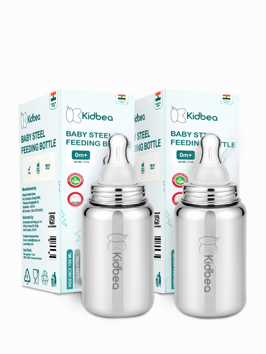 Kidbea Steel Baby Feeding Bottle 150ml | Baby Milk Bottle with Advanced Anti Colic Valve, Bpa Free, Soft Silicone Nipple, Wide Neck for Newborn & Infant Kids (Pack of 2)-picture-30