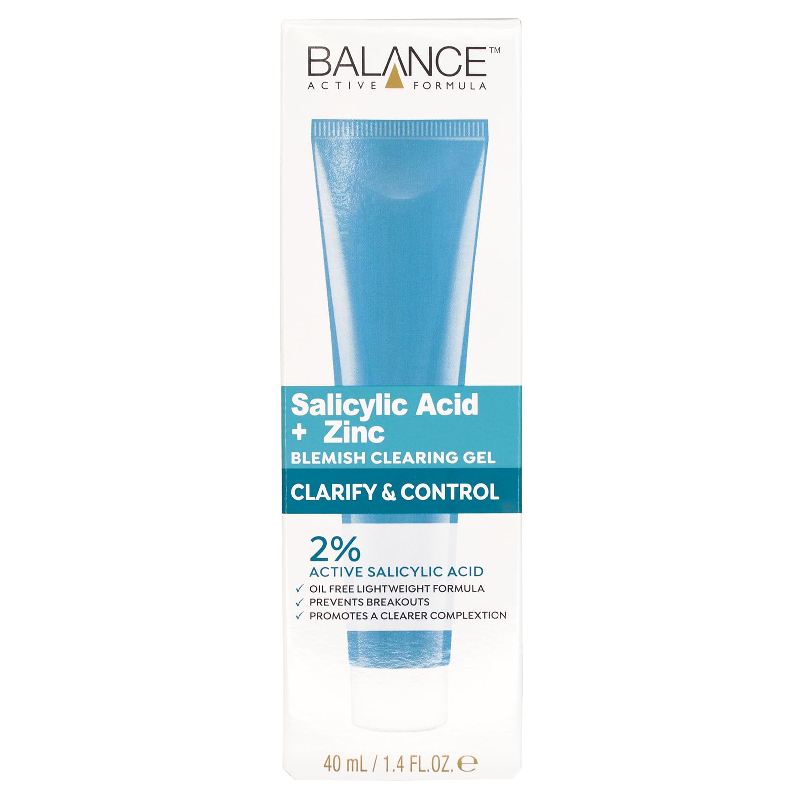 Balance Active Formula Salicylic Acid Blemish Clearing Gel (40ml) - Oil-Free, Lightweight Formula with 2% Salicylic Acid & Zinc, Reduces Blackheads, Blemishes & Pores, Promotes Clearer Complexion