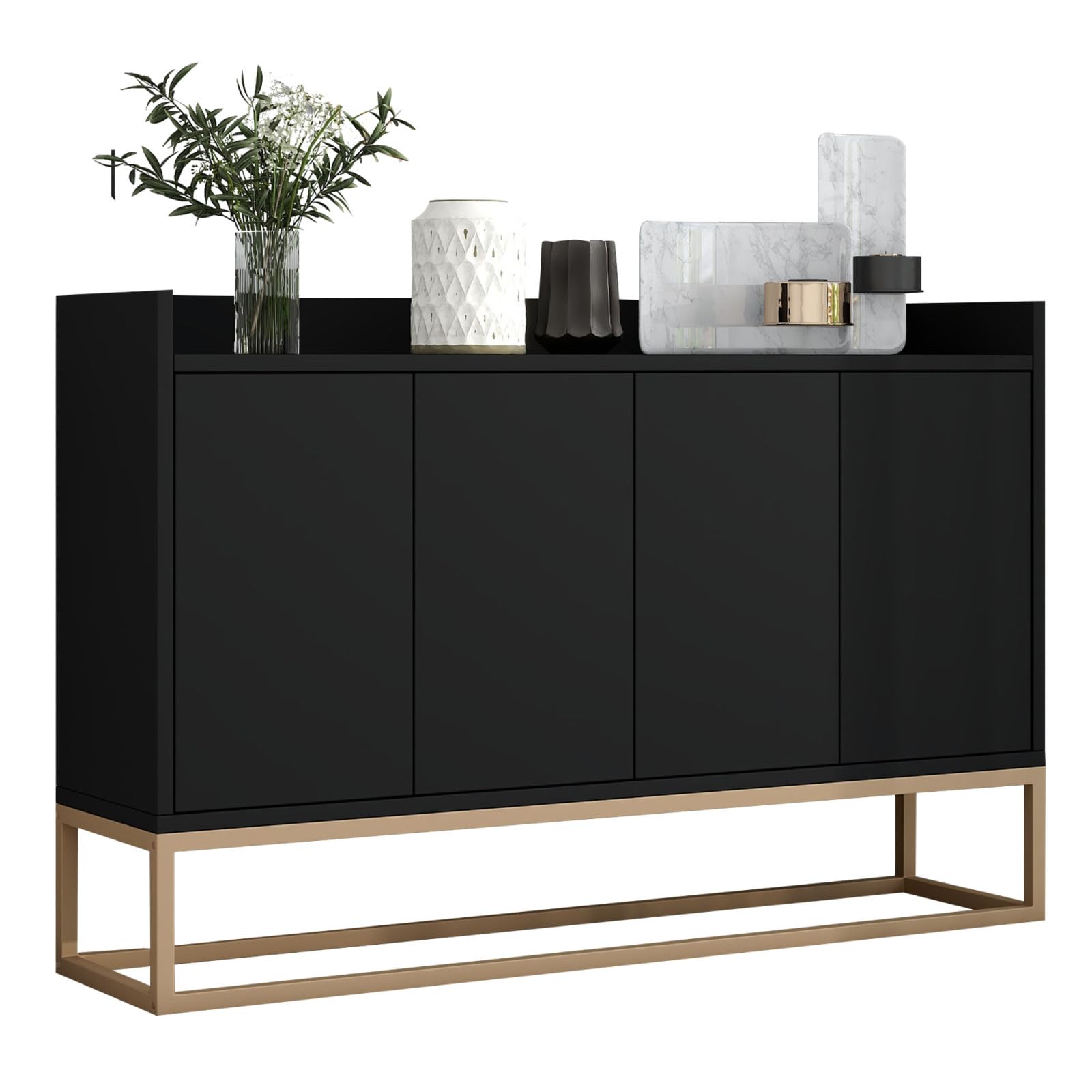 FEEOHOME Credenza Bas, mobile portaoggetti con gambe in metallo, mobile da cucina con 4 ante e ripiani regolabili, armadio da cucina 120 x 30 x 80 cm, per sala da pranzo, soggiorno (nero)