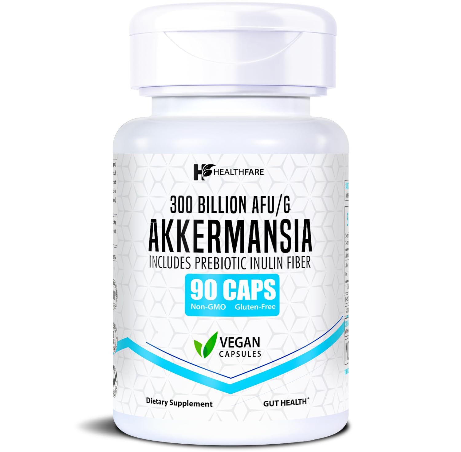 Healthfare Akkermansia Muciniphila Probiotic | 300 Billion AFU | 90 Vegan Capsules | Inulin Prebiotic for Gut Health & Digestive Support | Non-GMO, Gluten-Free | Made in USA