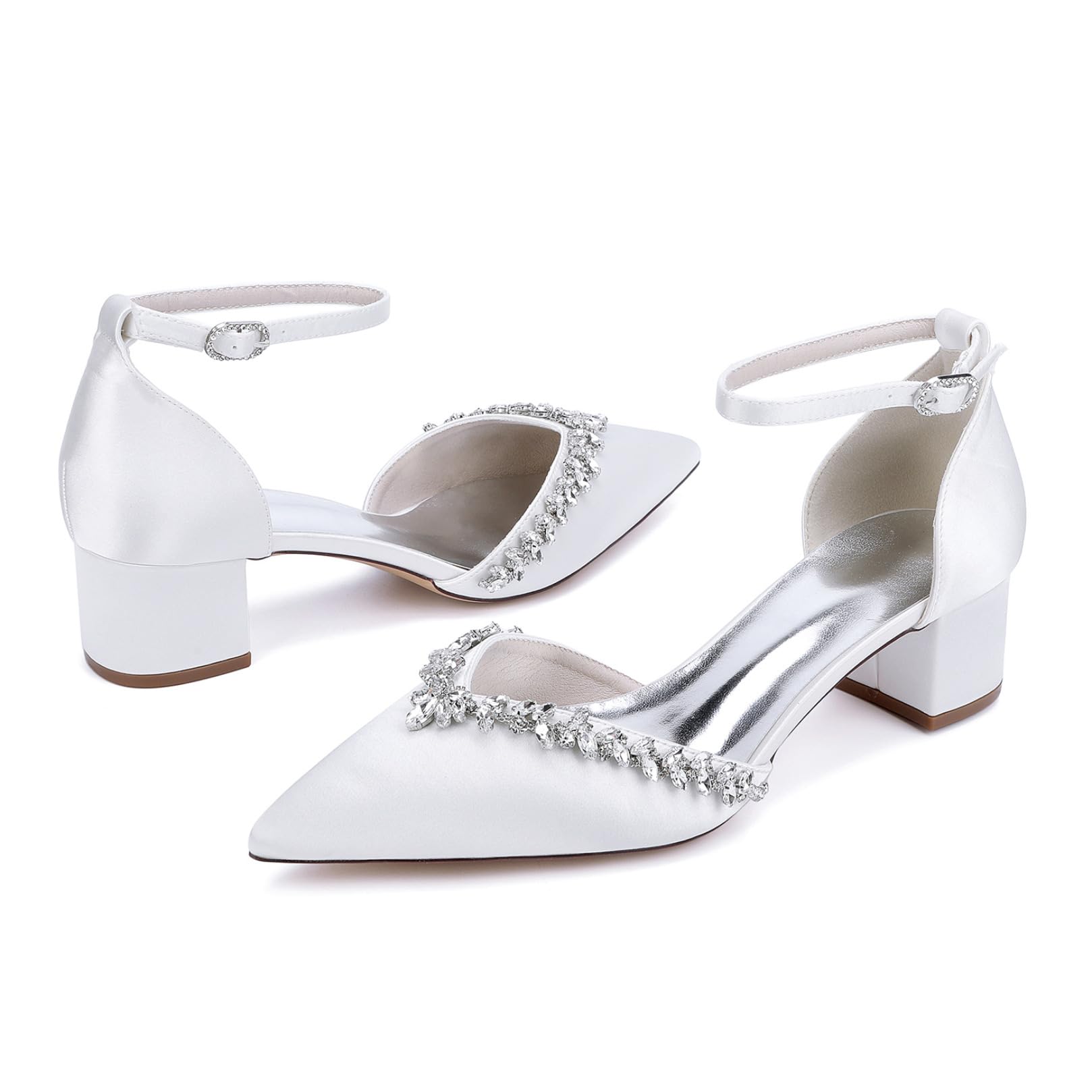 Mujer Tacón Gruesos Medio Zapatos De Novia Correa Al Tobillo Zapatillas De Vestir con Diamantes De Imitación Puntera Puntiaguda Zapatos De Fiesta De Graduación De Boda