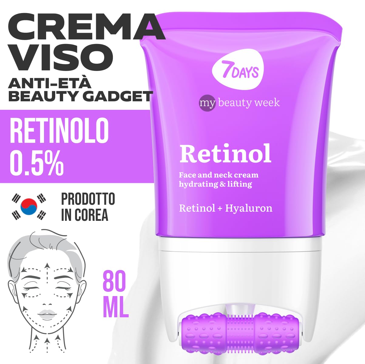 7DAYS Crema Viso e Collo Coreana Antirughe al Retinolo con Rullo Massaggiante – Effetto Lifting Rassodante e Compattezza, Azione Levigante, per Rughe e Linee Sottili, per il Doppio Mento, 80 ml