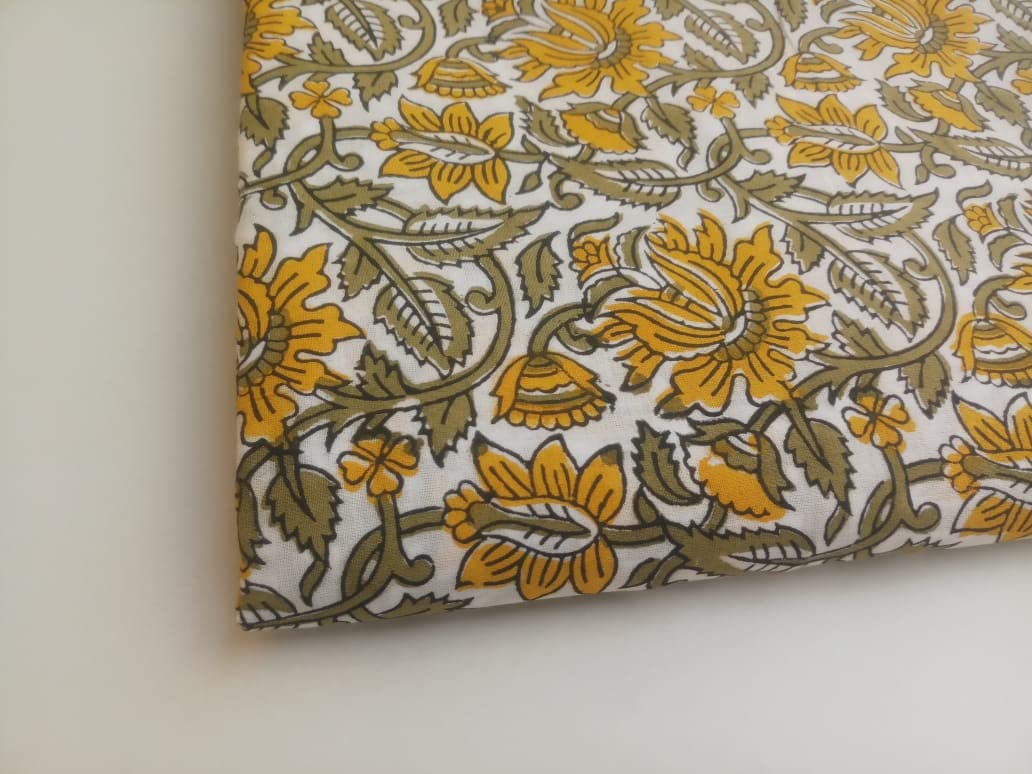 Fashionmart Floral Printed Cotton Fabric Cloth Hand Block Print Fabric Women Material Running Jaipuri Hand Block Printed Women Dress Material Kurtis Natural 44" Inches Width 2.5 Meter (Pattern 2) 3