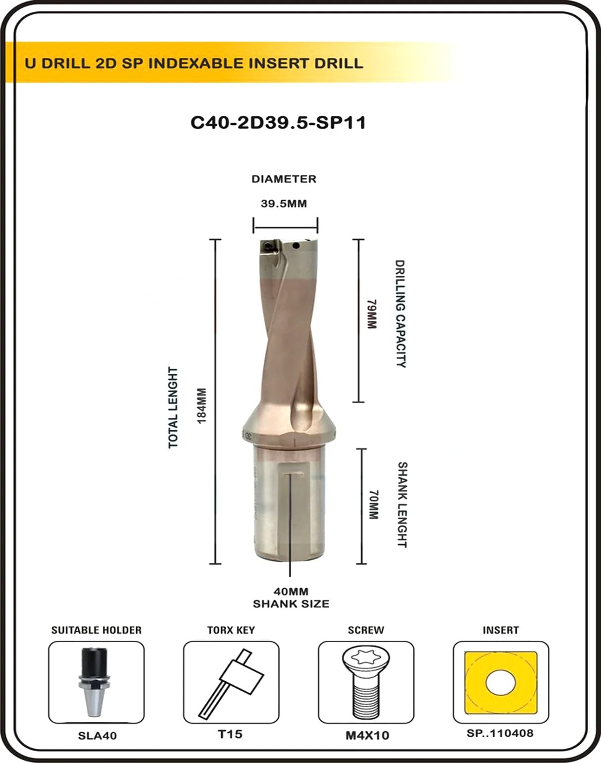 Buyohlic Indexable Insert U Drill 39.5 MM II Weldon Shank II Through Coolant II 10 pcs Carbide Inserts Free (Dia 39.5 MM~2D~32 mm Shank)