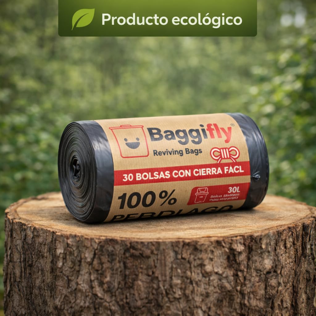 Baggifly Worki na śmieci 30L - 30 rolek po 30 torebek - 100% materiał z recyklingu - wymiary 55 x 60 cm - Idealne do użytku domowego - Super wytrzymałe torby - Z górnym zamknięciem - Szary