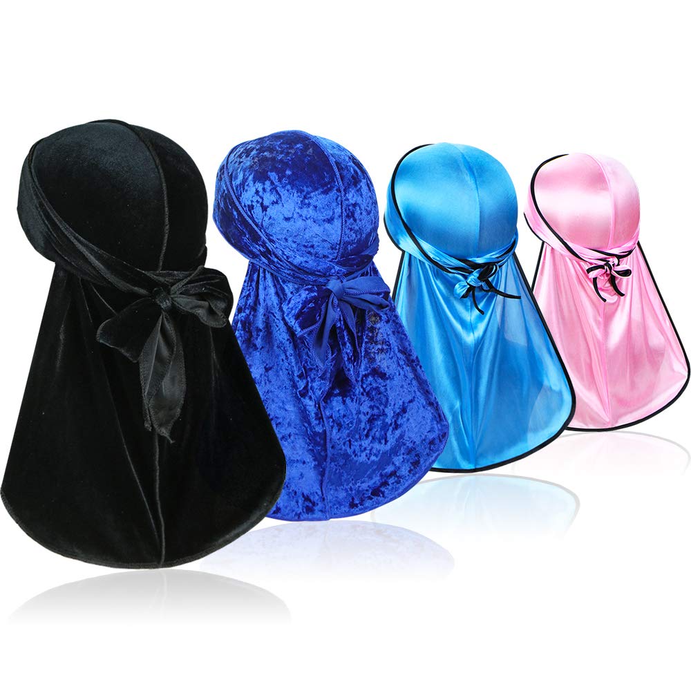 4 Pcs Wave Durags (2 Pcs Velvet Durags and 2 Pcs Soft Durags) – Premium Headwraps with Extra Long Tail for 360 Waves