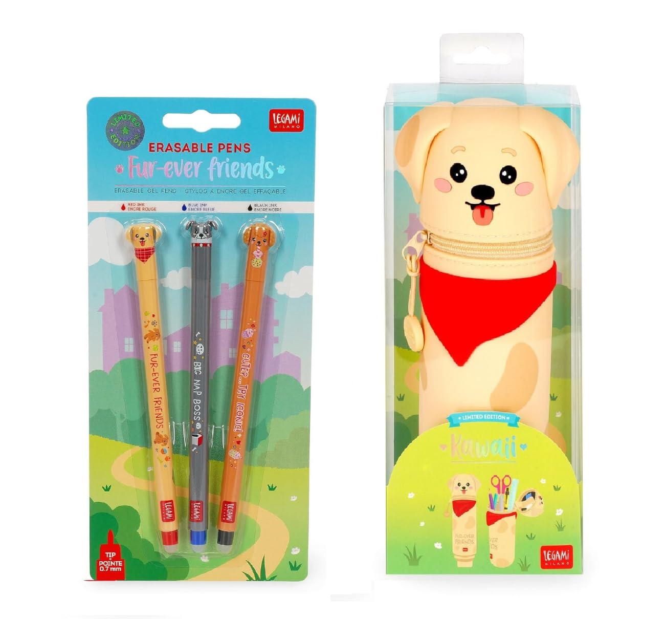 Legami - Kawaii Estuche Escolar 2 en 1 de Suave Silicona, Fur-ever Friends + Set de 3 Bolígrafos de Gel Borrables Fur-ever Friends - Limited Edition
