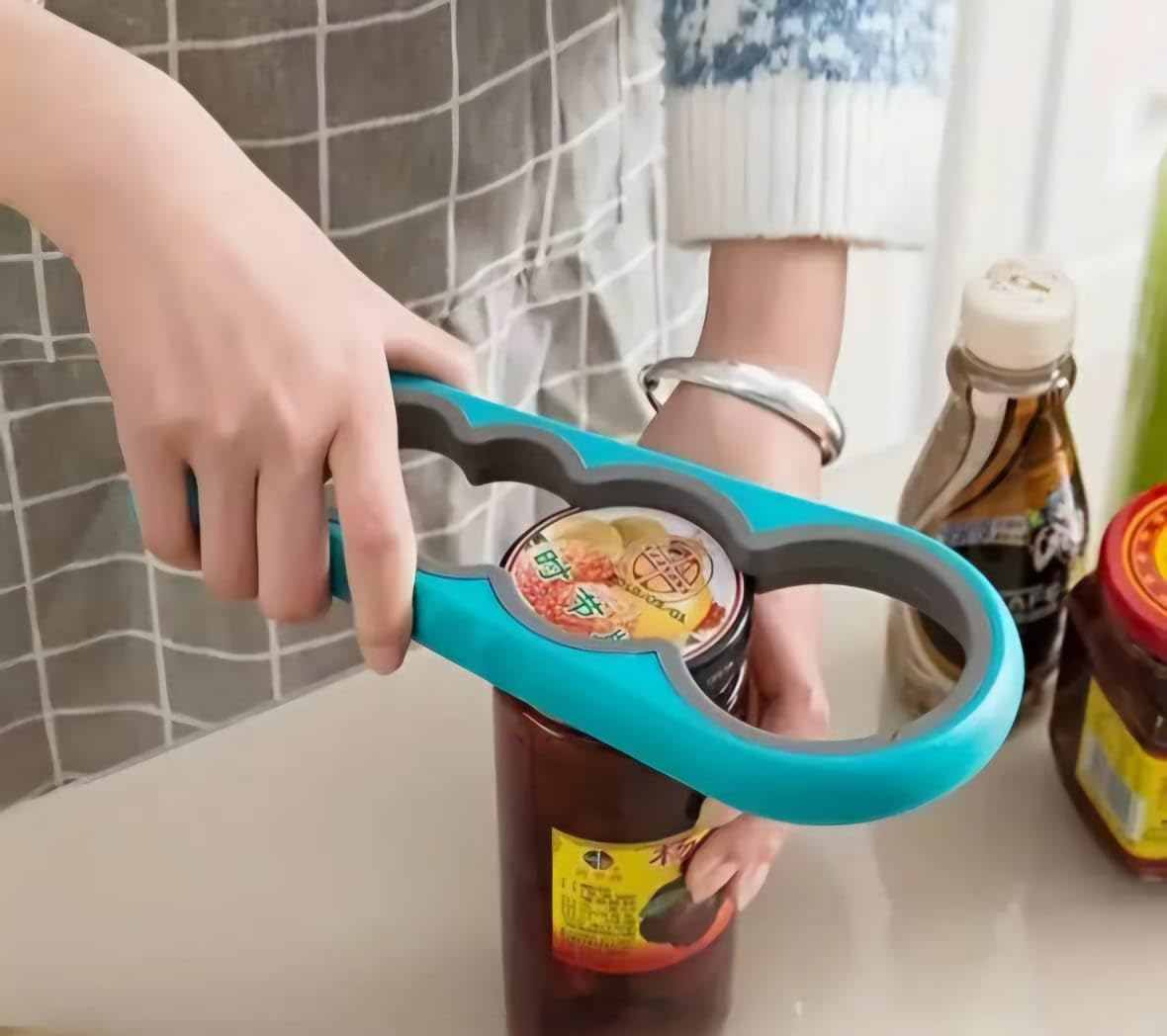 4-in-1 Jar and Bottle Opener, 17-Inch Kitchen Tool with Non-Slip Grip, Ergonomic Easy-Grip Kitchen Tool for Cans and Bottles (Turquoise)