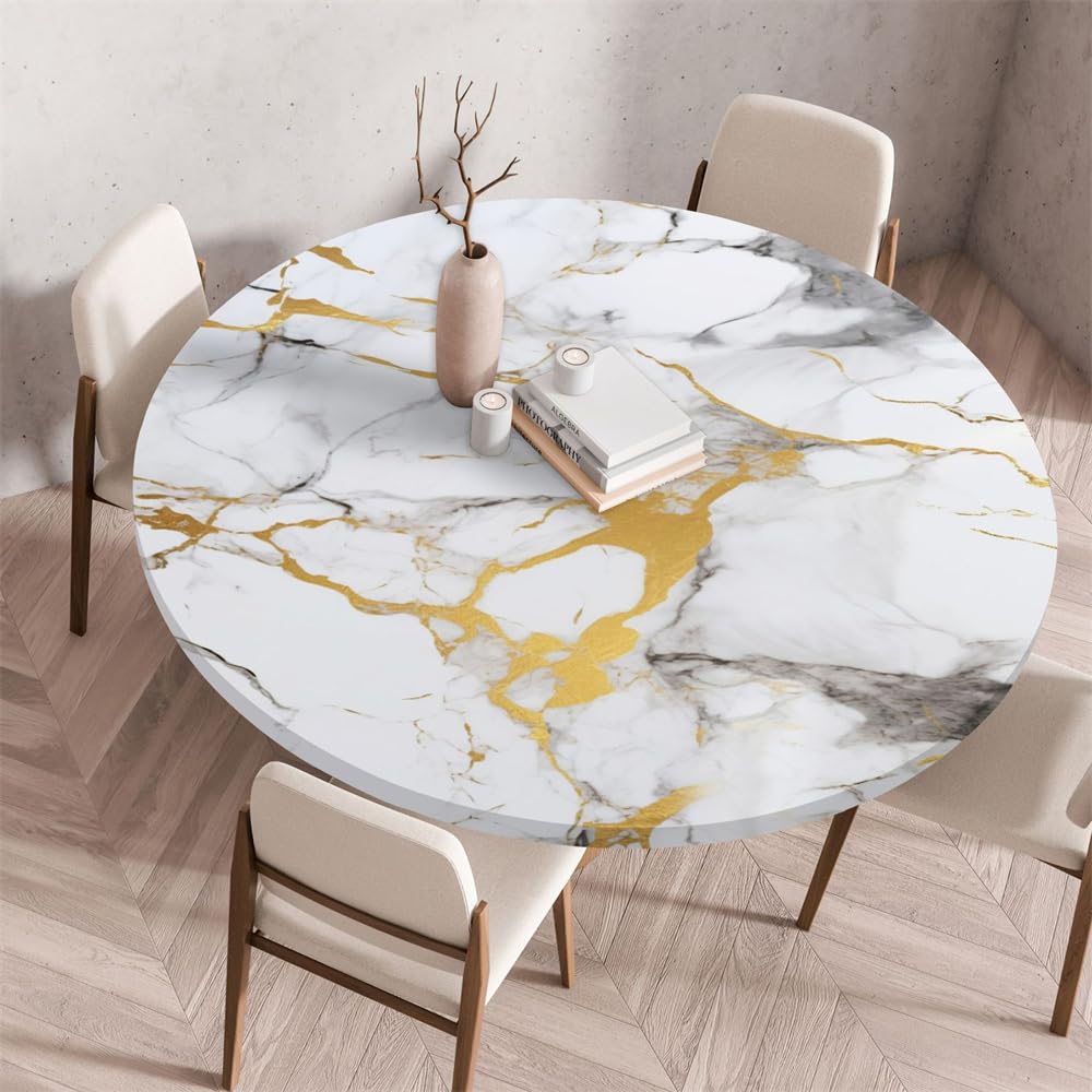 Morbuy Waterproof Elastic Fitted Round Tablecloth, Marble Oilcloth Table Cloths Stain Resistant Stretch Table Protector Cover for Home Coffee Restaurant Dining Picnic (Gray,130cm)