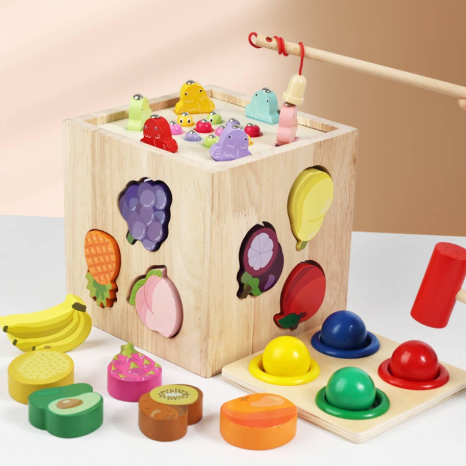 Blocchi Educativi Bambini Cubo attività Legno Cubo Sensoriale Multifunzionale Selezionatore Forme Frutta Martello in Legno Canna Pesca Pioli Superiori