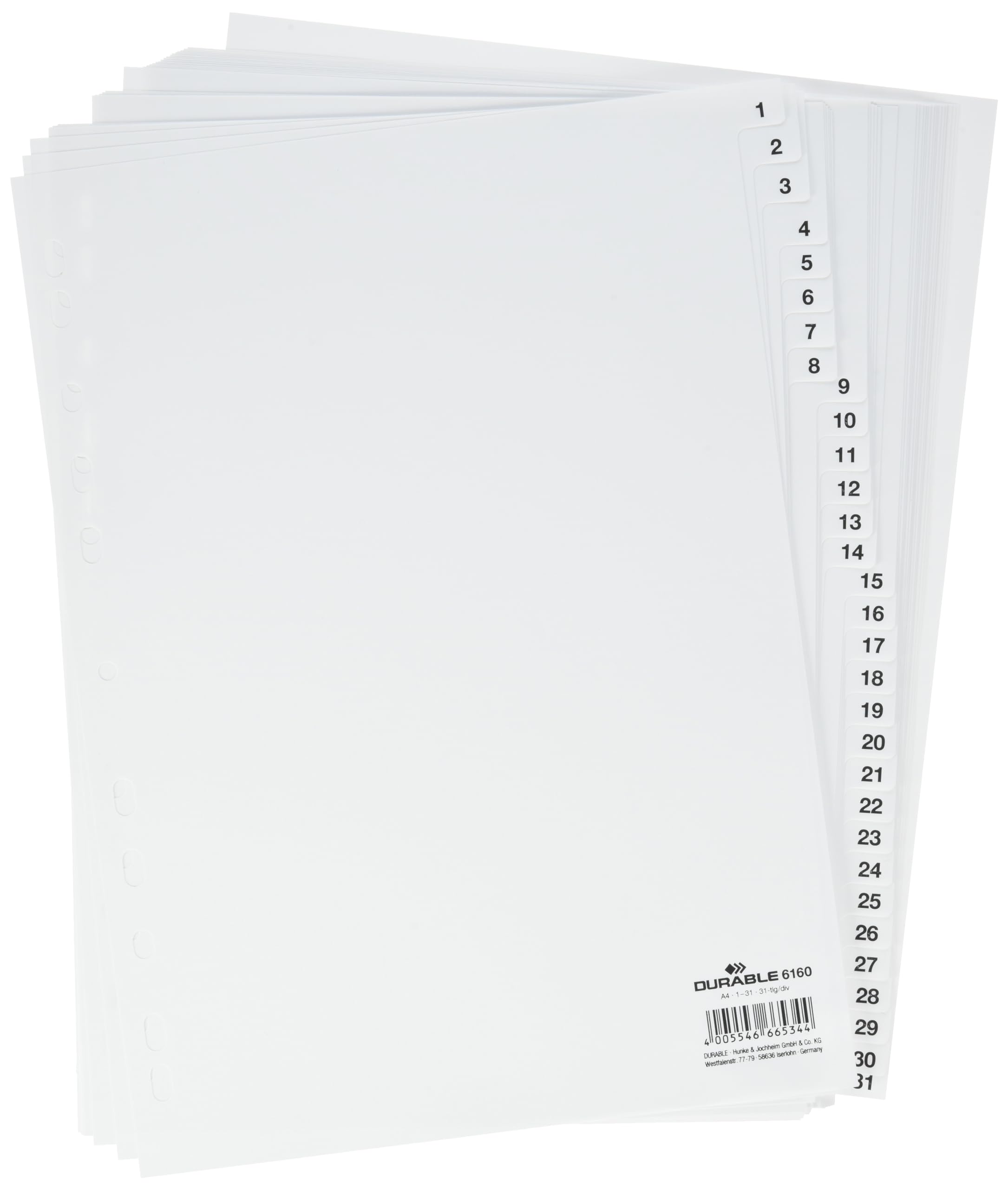 Durable 616002 Przekładki do segregatorów (A4, z PP), podział 1-31, kolor biały.