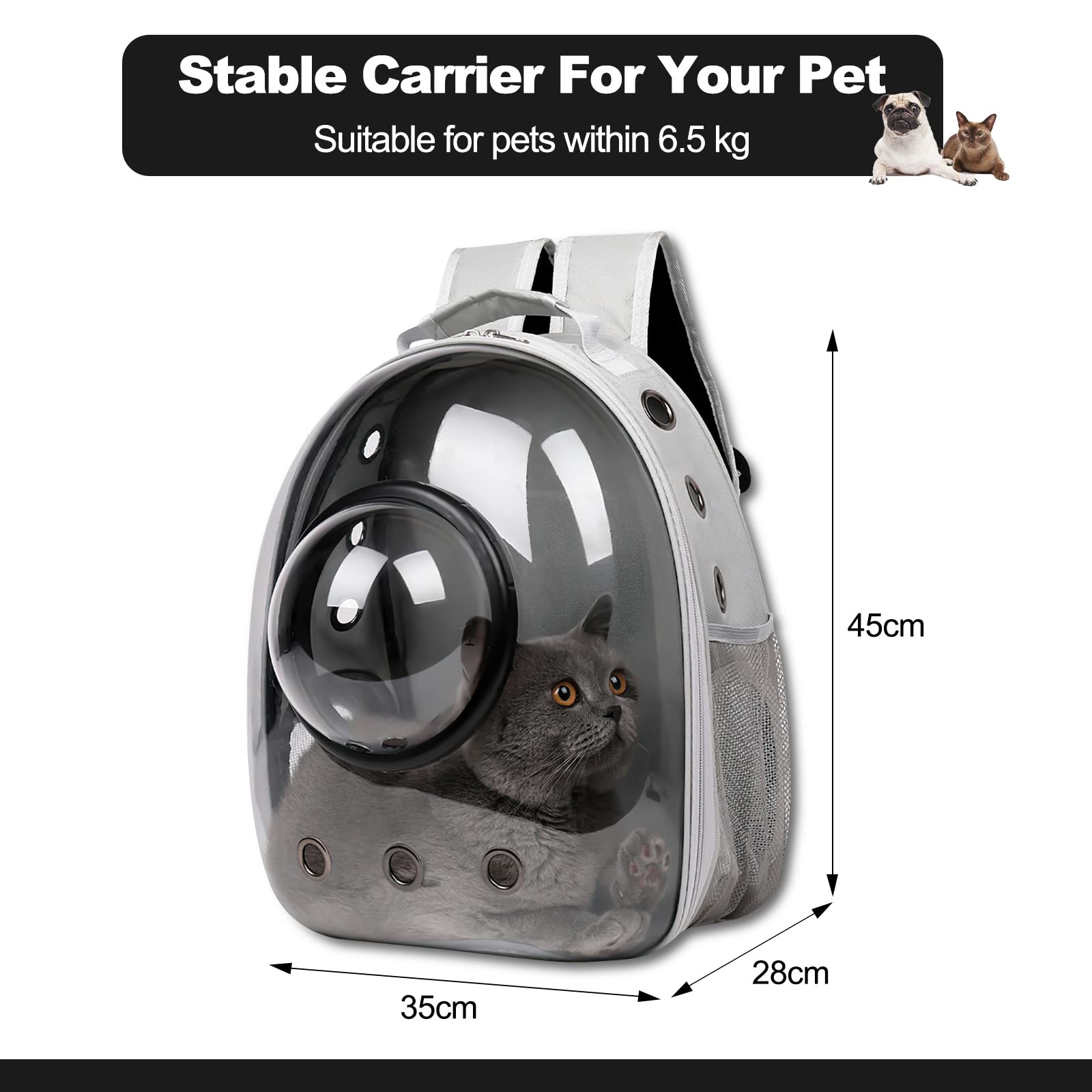 Galatée Zaino Per Gatti Bubble Trasparente Impermeabile Capsula Ventilata Nero Copertina Azzurra