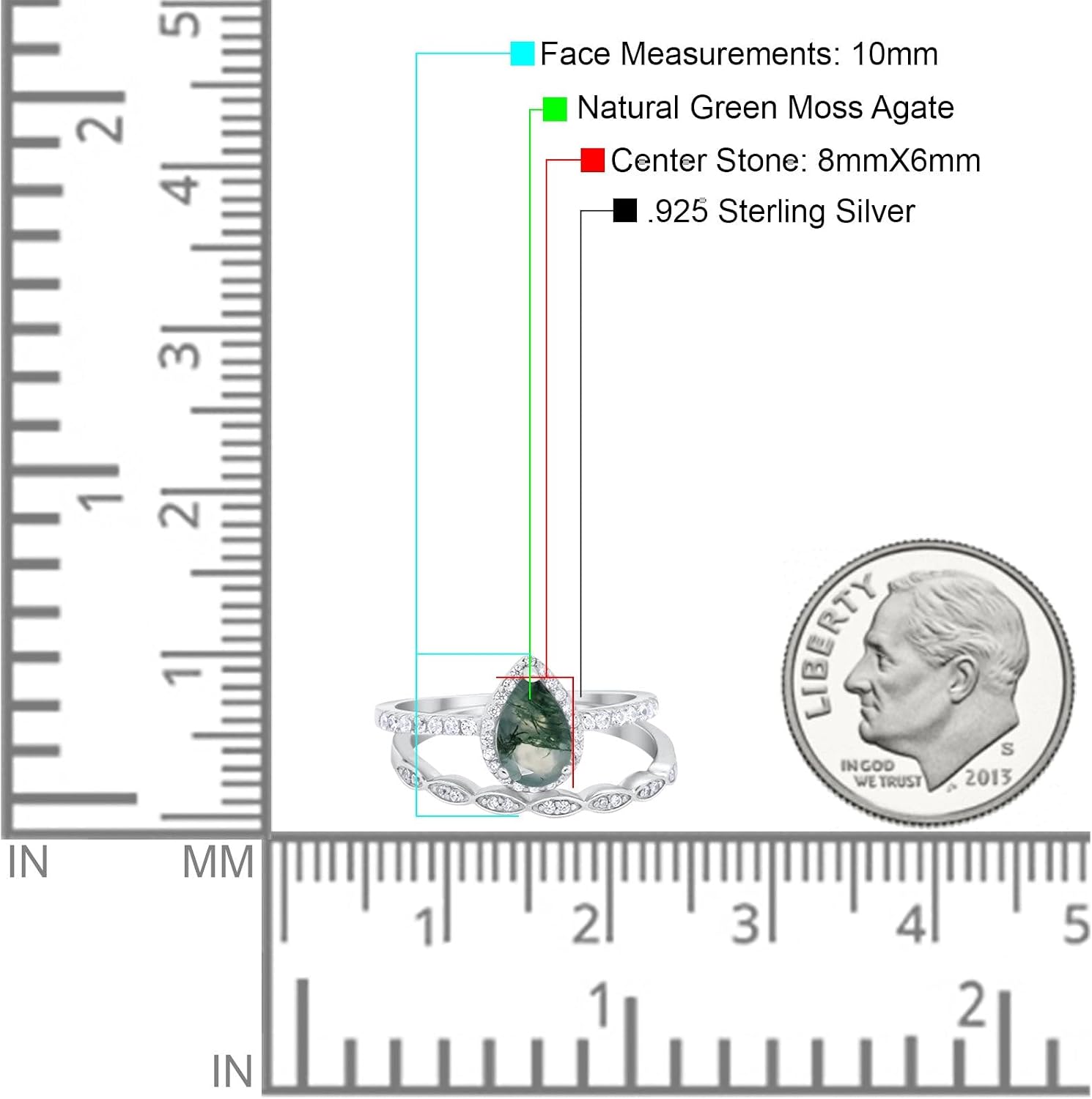 OMRANII Art Deco Two Piece Pear Teardrop Natural Green Moss Agate Vintage Style Halo CZ Wedding Set Engagement Bridal Ring 925 Sterling Silver