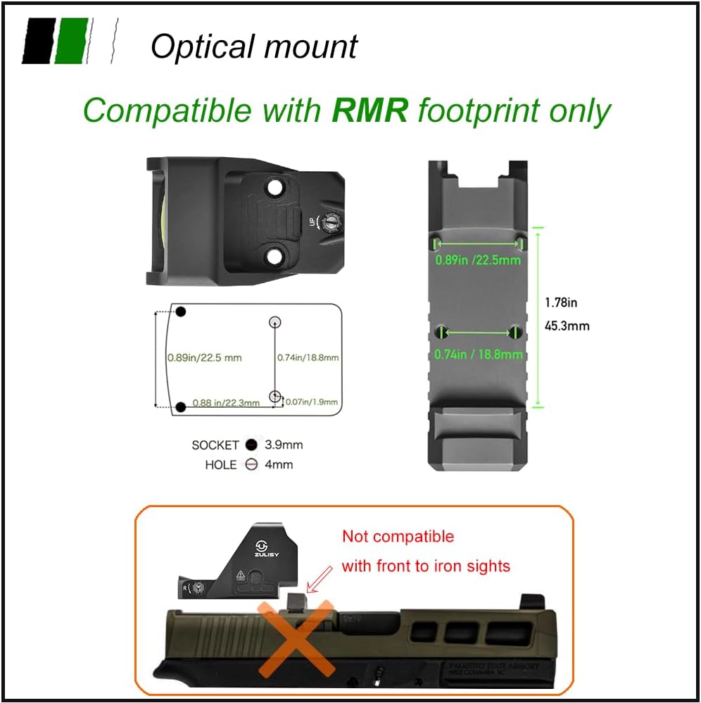 ZULISY Oak Plus 3.5 MOA Green Dot Reflex Sight, (for RMR/SRO/407C Cuts), EDC Tactical Full-Size Open Emitter Reflex Optic, 1x26mm Large Lens, Side Battery, Shake Awake, Precision 1 MOA Adjustments