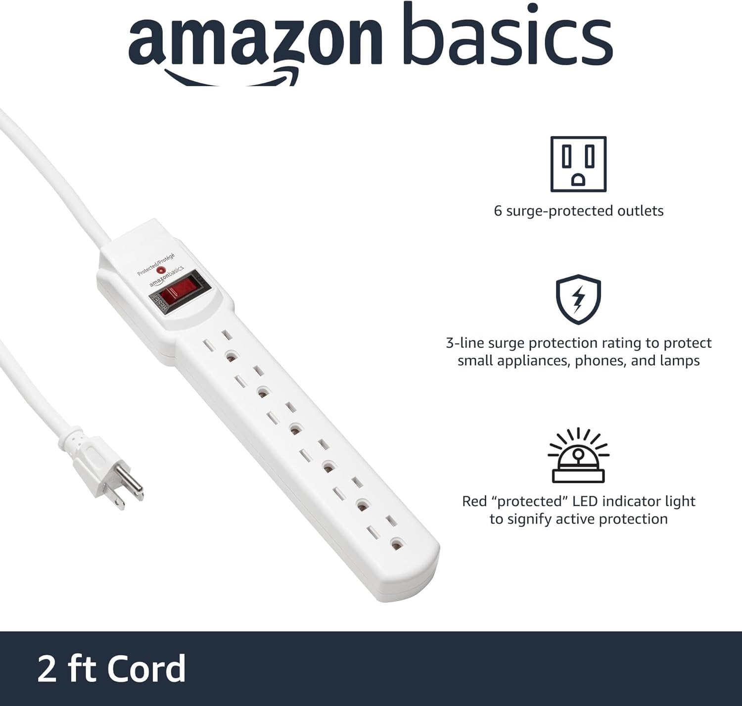 Amazon Basics 6-Outlet Surge Protector Power Strip with 200J Protection, Circuit Breaker, 2ft Extension Cord, White, 20-Pack