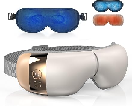 HubiCare Heated Eye Massager with Cooling Gel Mask Beige Relieve Puffy Eyes, Dark Circles, Eye Strain & Migraines, Foldable & Rechargeable