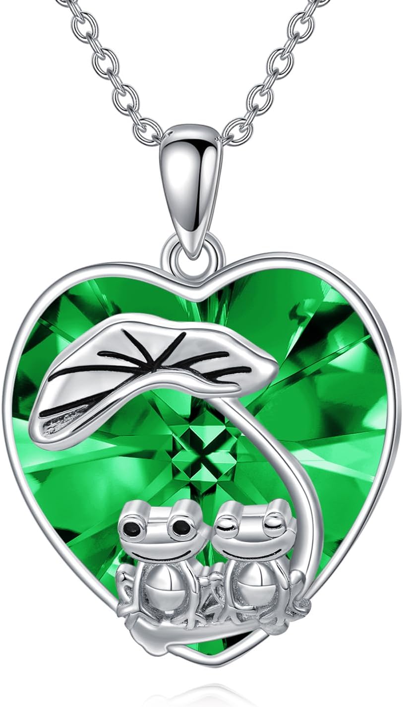 925 Sterling Silver Frog Necklace for Women Frogs Pendant Heart Crystal Green Birthstone Jewelry for Her