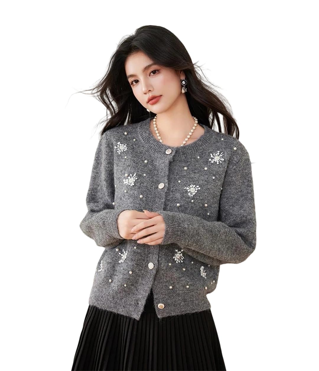 Women Fall Crew Neck Knit Cardigan Vintage Buttons Solid Long Sleeve Beading Knit Sweater Coat