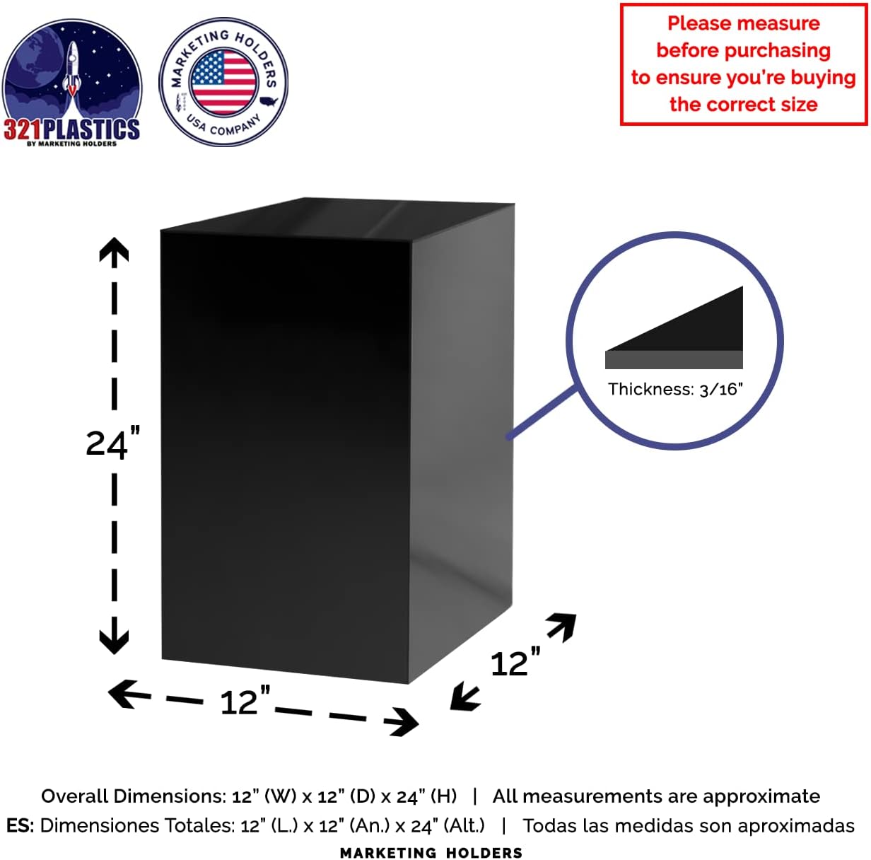 12" x 12" x 24" Acrylic Cube / Display 5 Sided Box Black