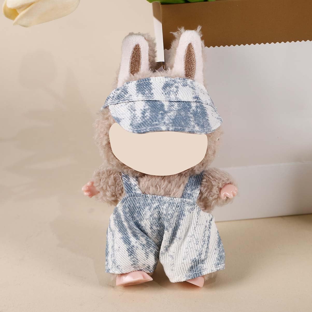 Compatible with Labubu 15cm/17cm (No Doll Included)- Blue Denim Tie-Dye Cap & Overalls Set, Stylish Doll Outfit Accessories (Blue Tie-Dye)