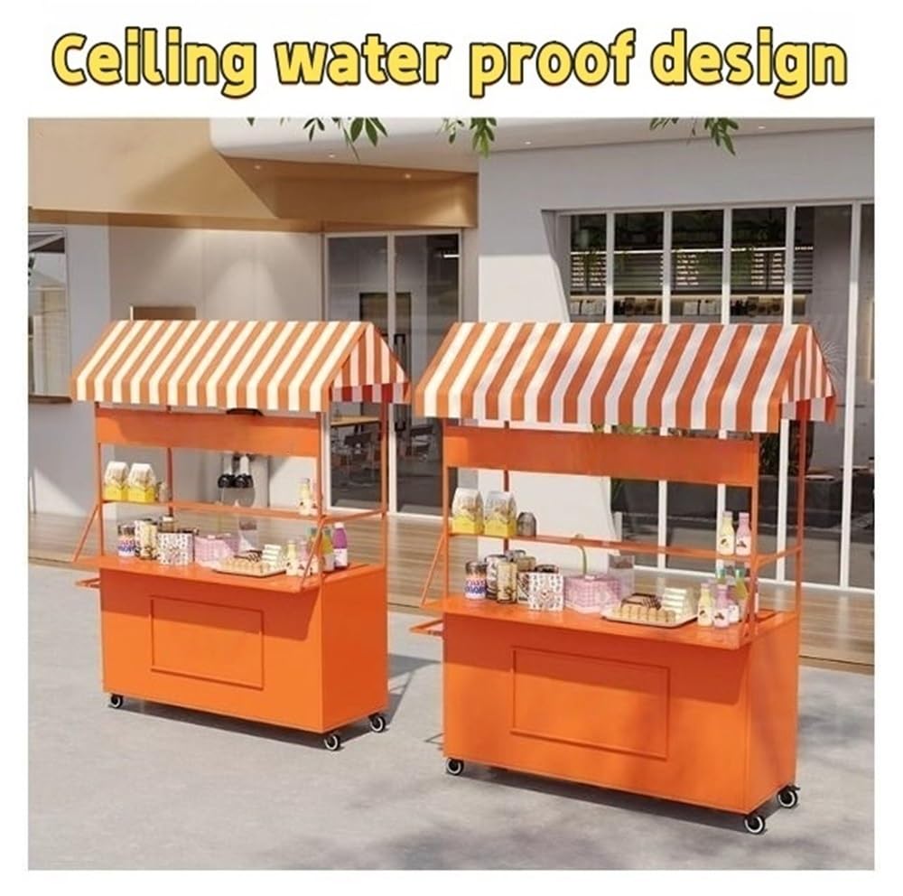 Carrello leggero in ferro con tettoia a righe e ruote, portatile, per il mercato degli agricoltori, carrello creativo per cibo da strada con scatola portaoggetti per eventi (140 x 190 cm)